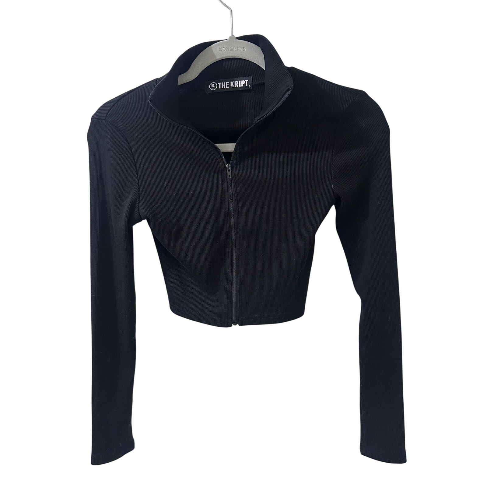 The Kript Black Ribbed Knit Full Zip Mock Neck Cropped Jacket Top Size S Euc — image 2 of 7